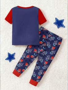 两件套幼儿男童卡通人物字母印花红色短袖上衣搭配蜘蛛网图案印花弹力针织裤睡衣套装，酷炫风格 - 藍色 - 查看 2