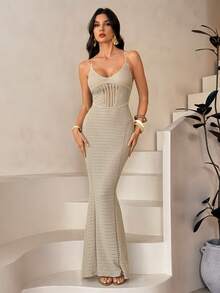 SHEIN Tall Elegant Deep V-Neck Hollow Out Spaghetti Strap Back Tie Backless Slim Summer Crochet Dress - Beige - View 7