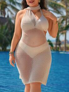 Swim Lushoire Vestido de tirantes de mujer de talla grande de unicolor, de punto y calado, simple y romántico, adecuado para el verano y las vacaciones en la playa - Beis - Ver 4