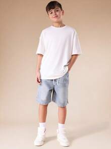 SUMWON Boys Denim Shorts With Split Hem Detail Elastic Waistband Light Wash Summer Casual Weekend Comfortable Cotton Blend Drawstring Closure Tween Youth Vacation - Light Wash - View 3