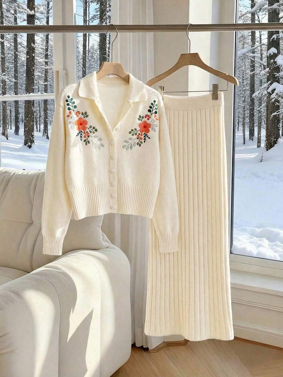 Écloséra 早春新款复古优雅宽松米色翻领长袖刺绣花卉图案毛衣搭配罗纹修身长裙，女士两件套针织套装 - 米色 - 查看 1