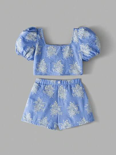 Maija Kids Maija Kids 两件套少女休闲度假时尚宽松舒适蓝色花卉刺绣泡泡袖上衣和短裤高端两件套，适合休闲外出、旅行、聚会、节日、夏季和春季穿着。