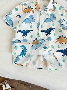 SHEIN 男童可爱休闲度假恐龙棕榈树印花短袖衬衫，适合夏季、春季户外运动、旅行 - 彩色 - 查看 8
