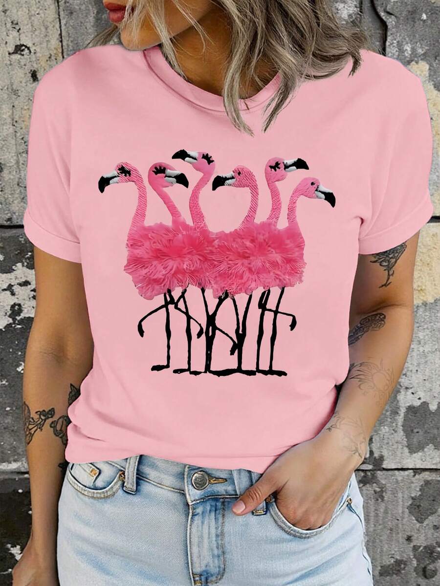 EMERY ROSE Women's Casual Round Neck Pink Flamingo Print Short Sleeve T-Shirt - Baby Pink - View 1
