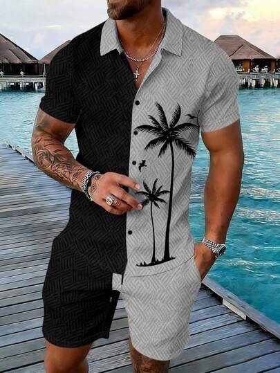 Manfinity RSRT Men's Summer Beach Vacation Tropical Print Patchwork Short Sleeve Shirt And Drawstring Waist Shorts Set Spring To Summer  Vacation Outfits  Holiday Outfits Summer Holiday Outfits  Two Piece Set  2 Piece Sets Summer Clothes