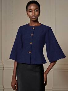 Aveloria Modichic Elegant French Retro Romantic Luxury High-End Design Herringbone Round Neck 3/4 Petal Sleeve Cinched Cinched Waist Metal Button Women's Blazer - Blue - View 2
