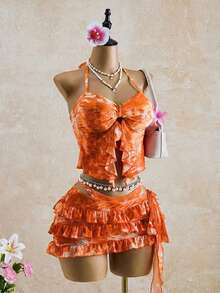 Bellisia Women's All-Over Print Ruffled Halter Neck Bikini Set With Skirt - Multicolor - View 6