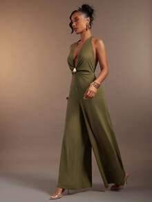 Hauture Olive Green Plunging Halter Neck Wide Leg Jumpsuit With Metal Trim - Army Green - View 4