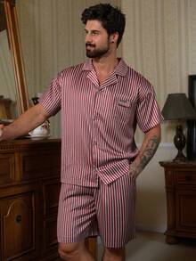 DAZY Summer Striped Short Sleeve Shirt And Shorts Matching Loungewear Set For Men Pajamas - Red and White - View 4