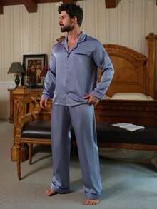DAZY Twill Satin Fabric Haze Blue Shirt Paired With Men's Loungewear Set, Spring/Autumn - Blue - View 6