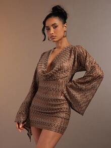 Hauture Women's Sexy Deep Cowl Neck Long Sleeve Textured Patterned Crochet Striped Backless Mini Dress - Multicolor - View 5