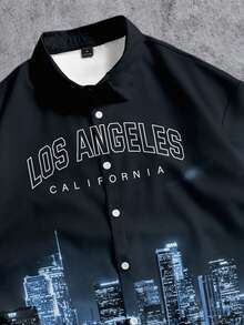 Manfinity ZONE917 洛杉矶城市夜景印花短袖宽松时尚休闲衬衫，送给朋友的时尚礼物 - 彩色 - 查看 2