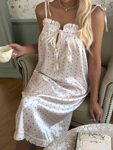 CottageSlumber Áo ngủ nữ trễ vai buộc dây in họa tiết chấm bi - Nhiều màu - Xem 3
