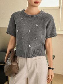 Dazy-Less Women's Casual Rhinestone Embellished Sweater, Suitable For Spring, Summer, Valentine's Day, Office Wear, Grey - Grey - View 5