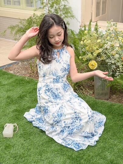 DAZY Tween Girl Floral Print Ruffle Casual Vacation Everyday Dress