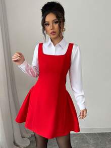 SHEIN PETITE Women's New Square Neck Spaghetti Strap Waist Ruffle Hem Fitted Short Dress - Red - View 5