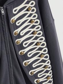 Grunge Punk SpringVintage Napoleon Style Embroidered Metal Button Hooded Sweatshirt Jacket - Dark Grey - View 8