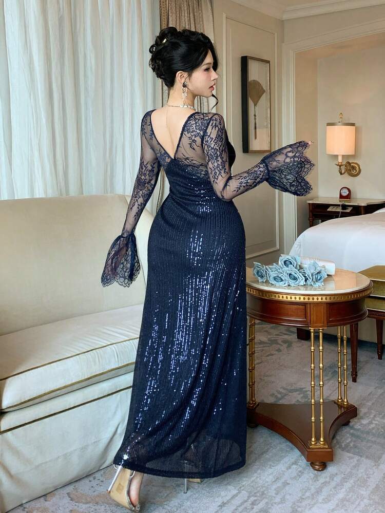 Spring & Summer Shiny Lace Patchwork Sleeve Elegant Midi Dress, Suitable For Valentine's Day, Wedding, Party, Formal Occasion, Commute Sundress