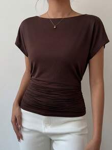 Aloruh 女士时尚性感度假风链条装饰露背蝙蝠袖褶皱T恤，适合夏季海滩度假、波西米亚热带音乐会、锐舞派对、乡村音乐会、伊比沙岛、纳什维尔等西部风格场合穿着。 - 咖啡棕 - 查看 7