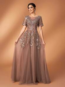 Serin 优雅奢华的珍珠亮片刺绣蕾丝贴花网纱透视袖喇叭连衣裙，适合婚礼、派对、度假、新娘、新娘母亲、晚礼服等场合。 - 霧霾藍 - 查看 4