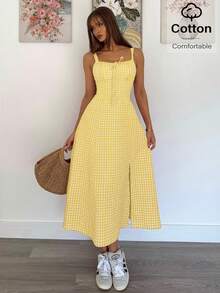 Siren Gaze Đầm midi xẻ tà hai dây in họa tiết kẻ caro thường ngày dành cho nữ, quần áo mùa hè nữ, bộ đồ mùa hè nữ, quần áo nữ, váy chống nắng cỡ lớn cho nữ, váy mùa hè màu vàng, váy chống nắng màu vàng cho nữ, váy cotton mùa hè cho nữ, váy kẻ caro mùa hè, váy mùa hè phong cách boho, váy nữ đi nghỉ lễ năm mới, khu nghỉ dưỡng. - Màu vàng - Xem 5