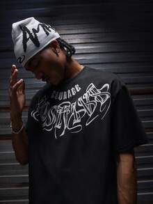 AXEPEAK Men's Letter Print Round Neck Casual Loose T-Shirt - Black - View 6