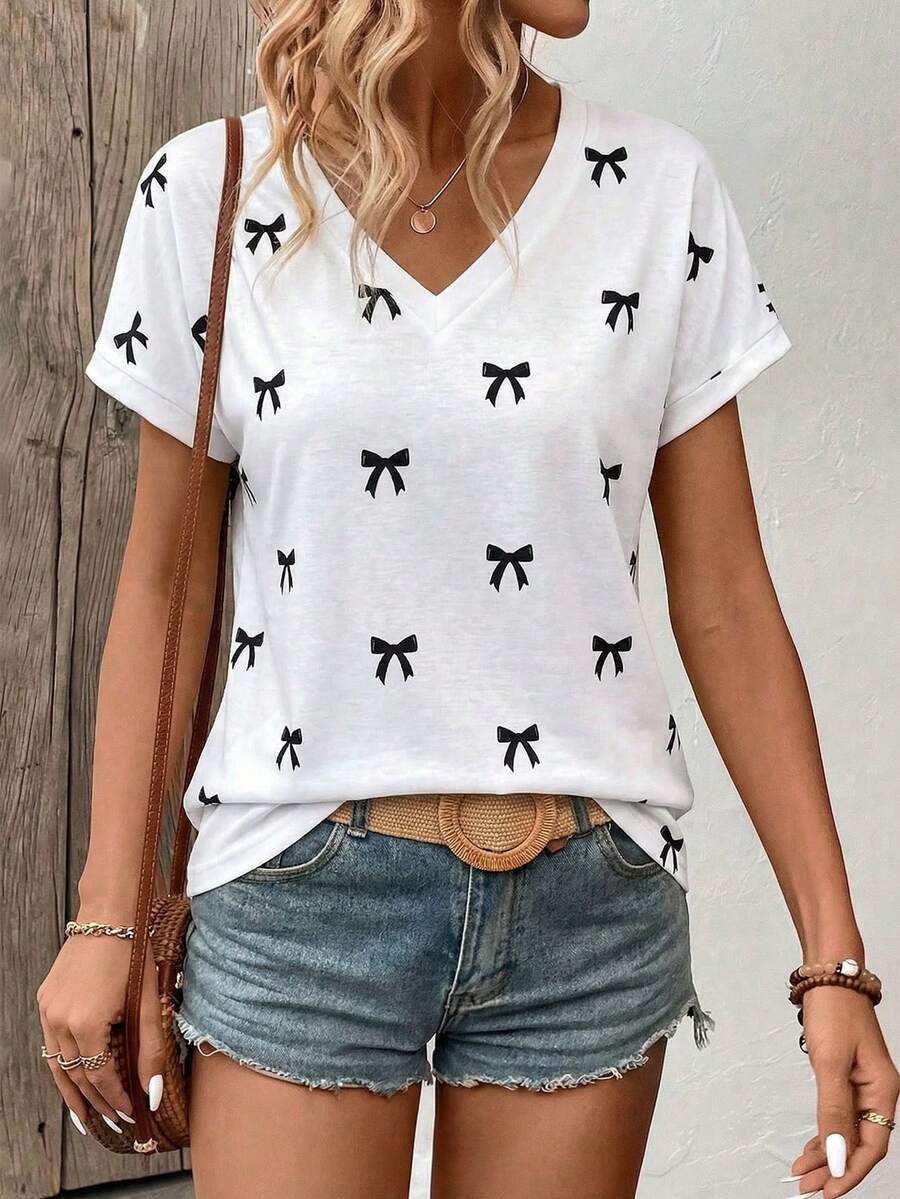 EMERY ROSE Damen Lässig Schleife Muster V-Ausschnitt Kurzarm T-Shirt, Sommer - Verschiedenfarbig - Übersicht 1