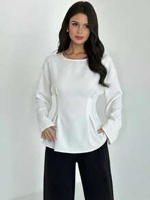 Firerie Camisa feminina elegante para o dia a dia e ocasiões casuais, com textura vintage de bambu, gola redonda, mangas compridas, cintura franzida e pregas. Ideal para o outono, para professoras, passeios e viagens. - Branco - Ver 4
