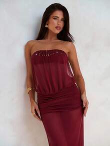 Aloruh 女士新款纯色酒红色抹胸连衣裙，珍珠链饰优雅性感透视派对连衣裙，适合情人节、女士海滩度假装扮、女士海滩罩衫、女士度假装、女士海滩度假套装、女士度假连衣裙、优雅、外出、派对、夏季服装、夏季假日装扮、花朵、图案、嘉年华、情人节长裙、女士情人节服装 - 酒紅色 - 查看 6