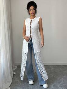 SHEIN Raffinéa 女士优雅系带长裙，夏季 - 白色 - 查看 3