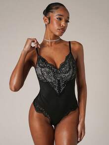 SHEIN BAE 女士蕾丝拼布细肩带修身紧身衣 - 黑色 - 查看 1