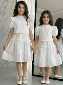 SHEIN Tween Girl Spring/Summer Korean Style Floral Short Sleeve Top With Ruffle Hem Simple Versatile Dress Set, Perfect For Outdoor Activities, Vacation, Friends Tween Girl - White - View 4
