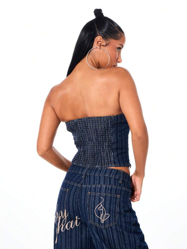 BABYPHAT Vintage Pinstripe Denim Strapless Bandeau Tube Top With Button Front Detail For Spring Summer Casual Daily Wear