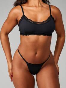MISSGUIDED Lace Trim Bralette And Thong Set With Delicate Scalloped Edges Adjustable Straps Intimate Lingerie Collection - Black - View 3