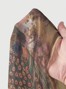 ROMWE Avant 性感透视网纱长袖上衣，饰有中国书法和孔雀图案 - 棕色 - 查看 5