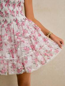 Poéselle 女士夏季度假印花荷叶边抹胸迷你连衣裙 - 粉色 - 查看 9