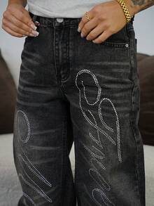 SAYEHFBABY 女式复古 Y2K 风格水钻装饰直筒牛仔裤 - 黑色 - 查看 3