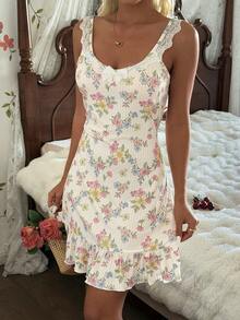 CottageSlumber Nuisette romantique à imprimé floral avec nœud et garniture en dentelle, moulante et sexy - Nude - Voir 4