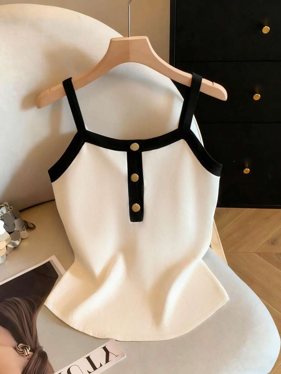 Franclia Women's New Slim-Fit Camisole With Contrast Trim And Gold Buttons, Minimalist And Versatile,Suitable For Commuting, Daily Elegance,Valentine's Day. New Year's Eve,Elegant Women's Blouses,Vacation Outfits Women,Summer Holiday Outfits,Beach Outfits For Women,Elegant Top, Classy Top,Casual Blouses For Women,Vacation, Holiday,Beach,Birthday,Gym,Going Out, Elegant,Vacation,Casual,Y2k White And Black Top Cami Tops Women Tops Elegant Tops Cute Dress Top - Black and White - View 1