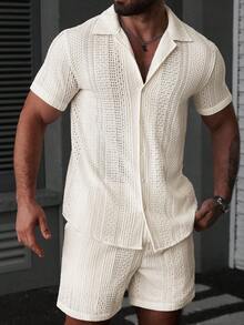 Manfinity RSRT Men's Summer Casual Vacation Front Button Hollow Shirt And Shorts Set - Apricot - View 3