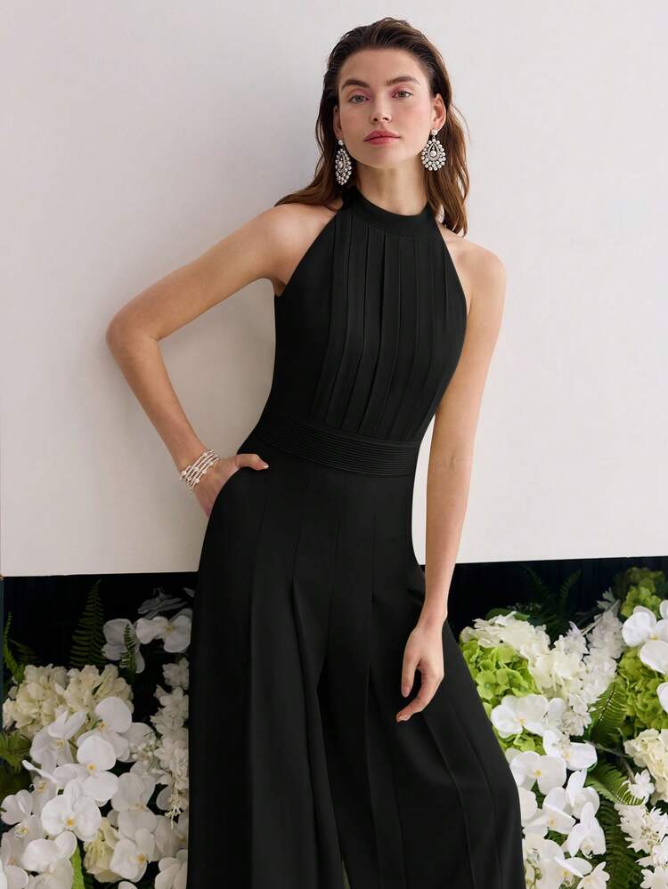 ELEGANT MINIMALIST SOLID COLOR PLEATED SIDE POCKET HALTER WIDE LEG JUMPSUIT