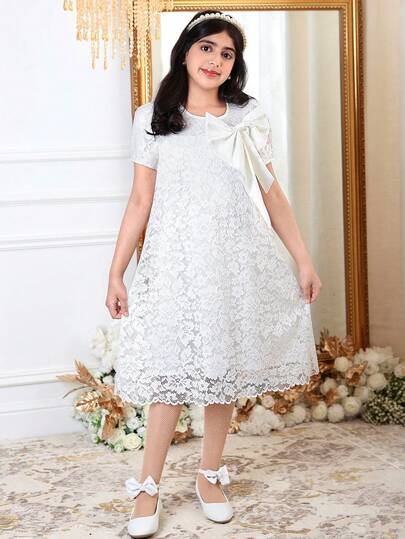 SHEIN Tween Girl Elegant Round Neck Short Sleeve Lace Fabric Bow Decor Dress