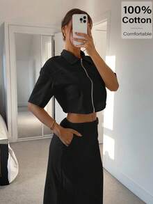 Siren Gaze 2pcs/Set Women Solid Color Short Sleeve Zip Up Cropped Top & Skirt Women Summer Clothing Women Summer Sets Woman S Summer Clothes Women Plus Clothing Business Casual Women Plus Clothing Formal Cotton 2 Pieces Set Women Two Pieces Skirt Set Women 2 Pieces Casual Set Women Zip Up 2 Pieces Set Shirt And Skirt Set Black - Black - View 7