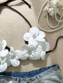 Swim Mod Women's Swimsuit Top With 3D Floral Halter Bikini, Vacation Style Swimwear Top - Black and White - View 6