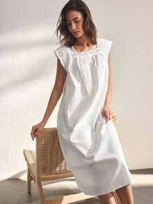 Ocili 100% Cotton Soft & Comfortable Ruffled Bow Tie Sleepwear Dress For Women - White - View 7