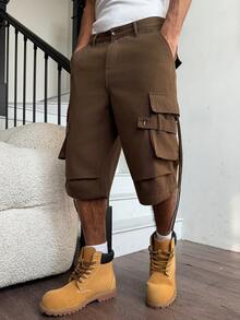 Manfinity EMRG 男士休闲多口袋翻盖工装军绿色牛仔短裤 - 軍綠色 - 查看 7