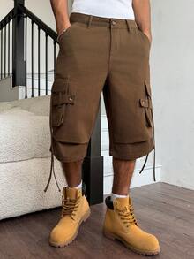 Manfinity EMRG 男士休闲多口袋翻盖工装军绿色牛仔短裤 - 軍綠色 - 查看 8