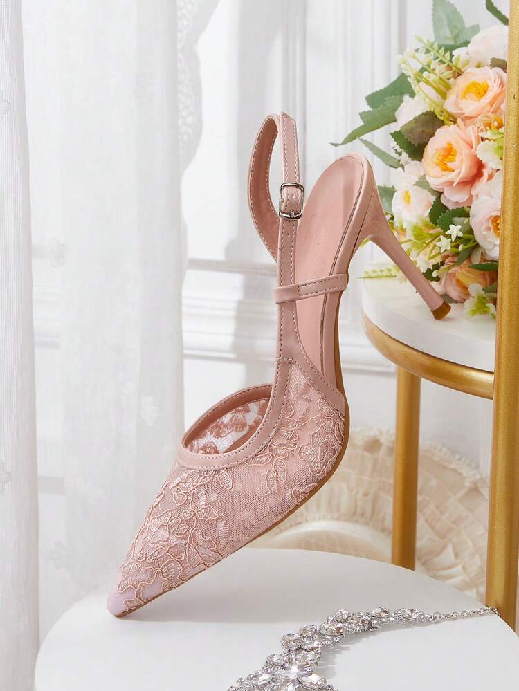 CUCCOO HITCHD Women Shoes Pointed Thin Heel Pink Mesh Lace Simple Slingback Women's Slingback Shoes Wedding Party Banquet Simple Fashion Sexy Women's High Heel Shoes Women's Shoes