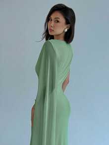Aloruh Women's Solid Color Pleated Asymmetric Collar Elegant Dress - Green - View 6