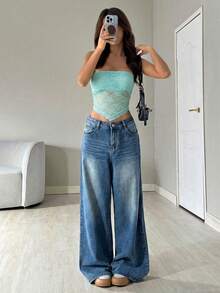 SHEIN EZwear Mint Blue Lace Patchwork Asymmetric Hem Sexy Sleeveless Off-Shoulder Crop Top, Spring/Summer,Summer Top - Mint Blue - View 6